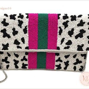 Cheetah Fuschia And Green Stripe Seed Bead Crossbo